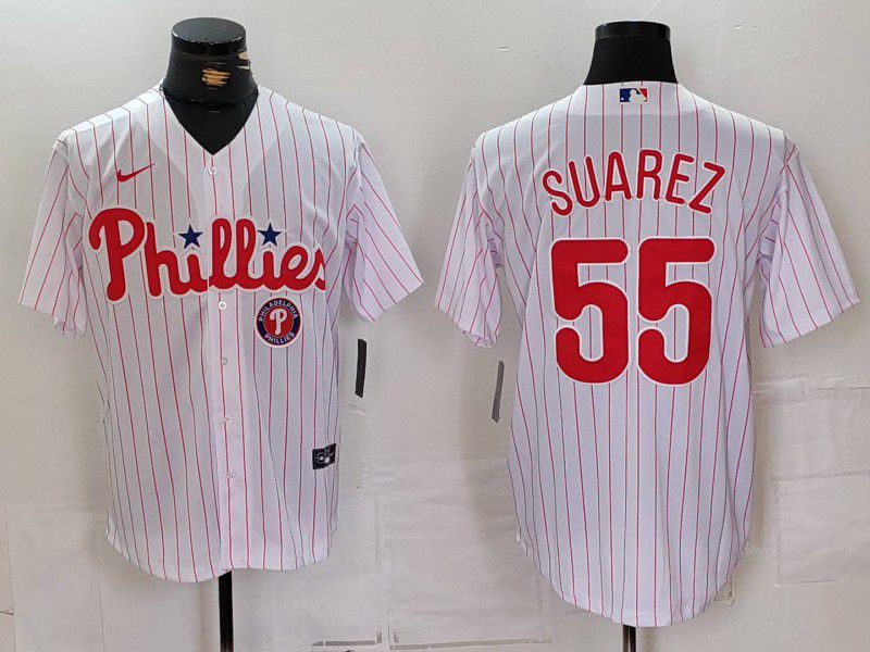 Men Philadelphia Phillies #55 Suarez White stripe Nike Game 2024 MLB Jersey style 3